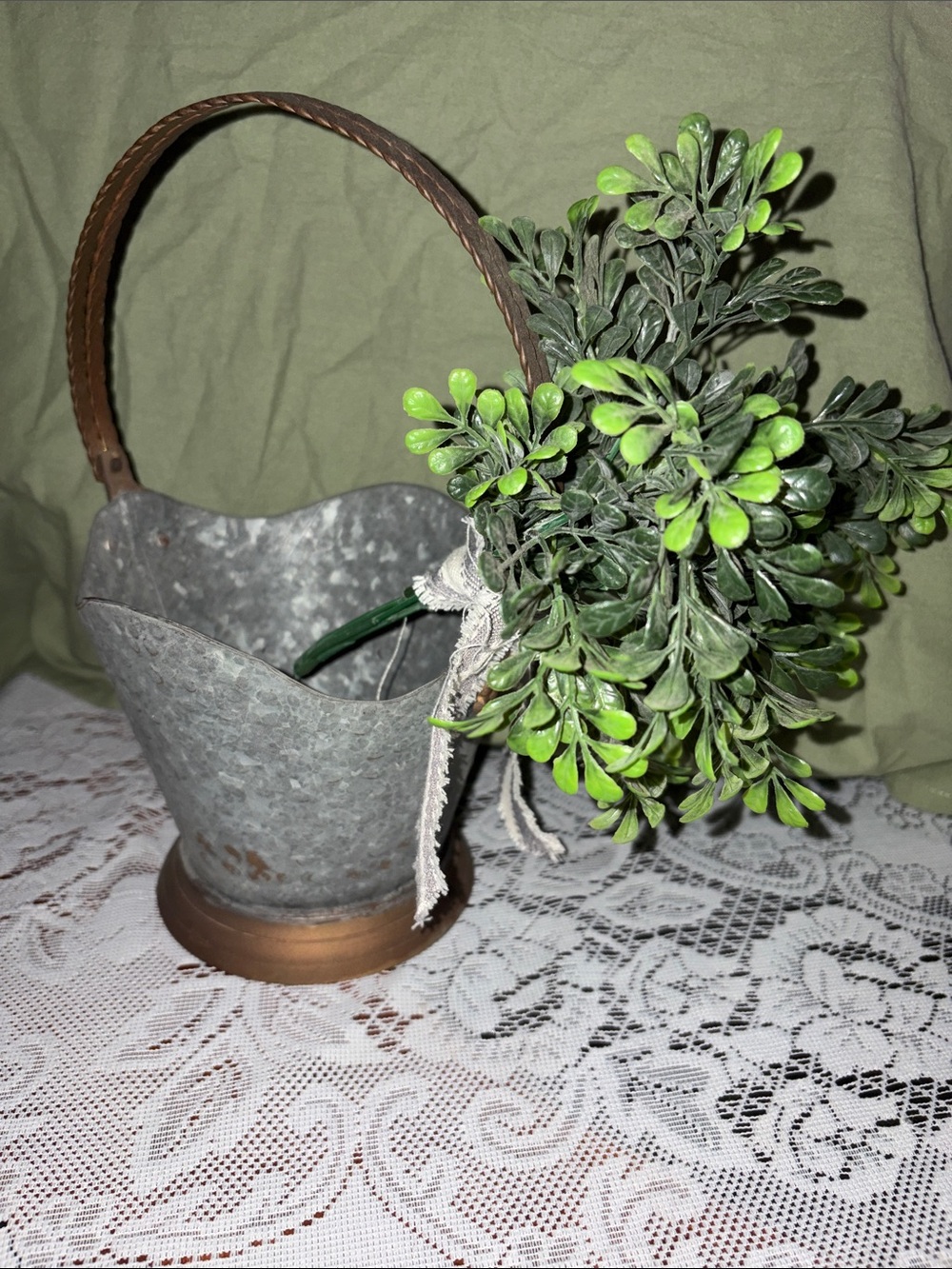 Rustic Gray Metal Bucket with Green Faux Boxwood Accent